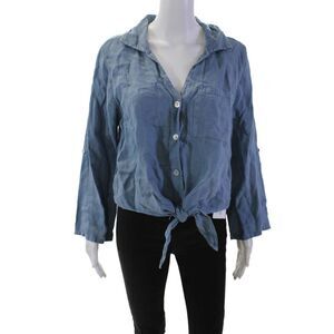Meo Meli Womens Line Button Down Long Sleeves Tie Bottom Shirt Blue Size 2